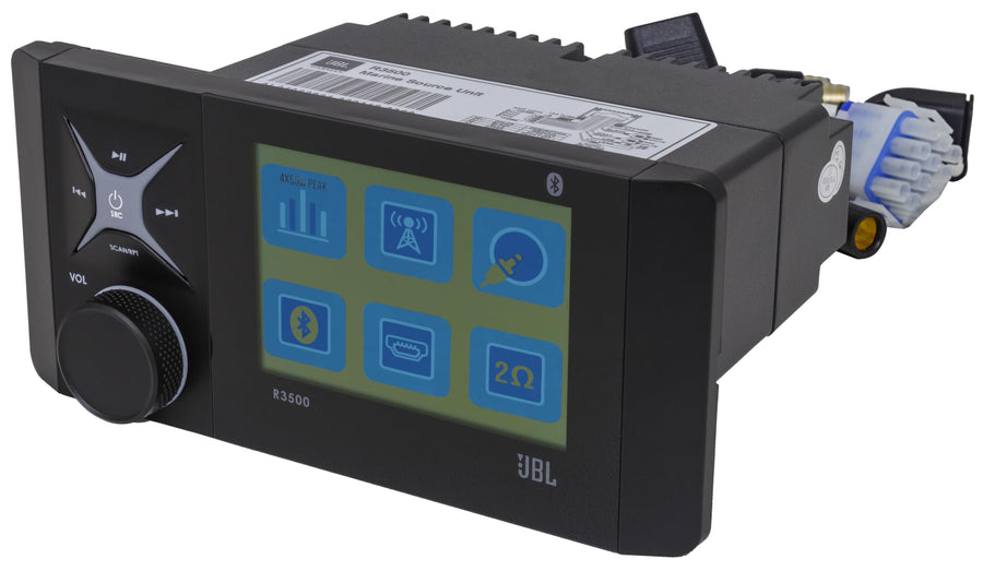 JBL Wake Series R3500 Source Unit - 4 X 55W Peak @ 4ohm Receiver with Bluetooth (5.0), AM/FM/WB, USB Input/Aux Input/Pre-Outs (L&R), Backlit Rotary Encoder, Rear amp Plug, IPX7 (Face), IPX3 (Rear)