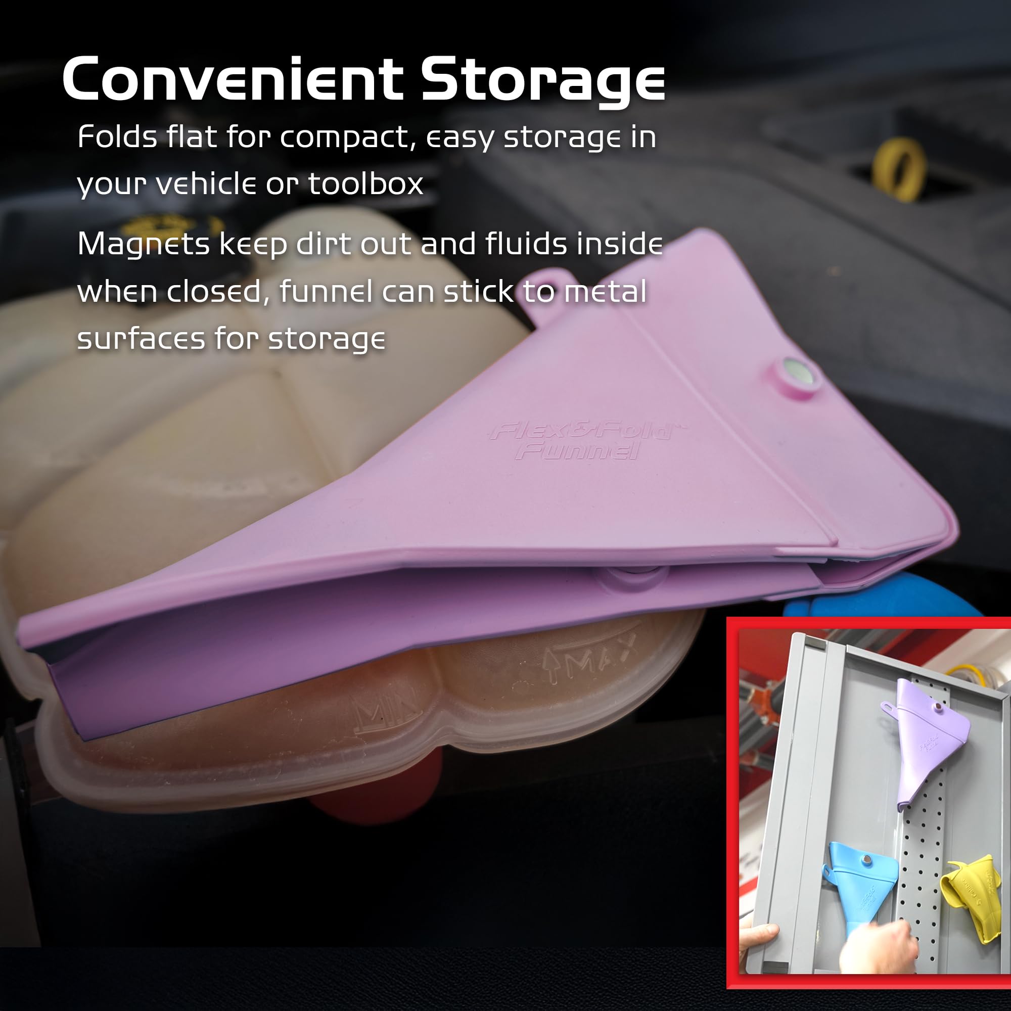 Flex & Fold Caliber, Flexible Funnel for Automotive Use, Wide Neck Funnel for High Volume Fluid Transfers, Purple