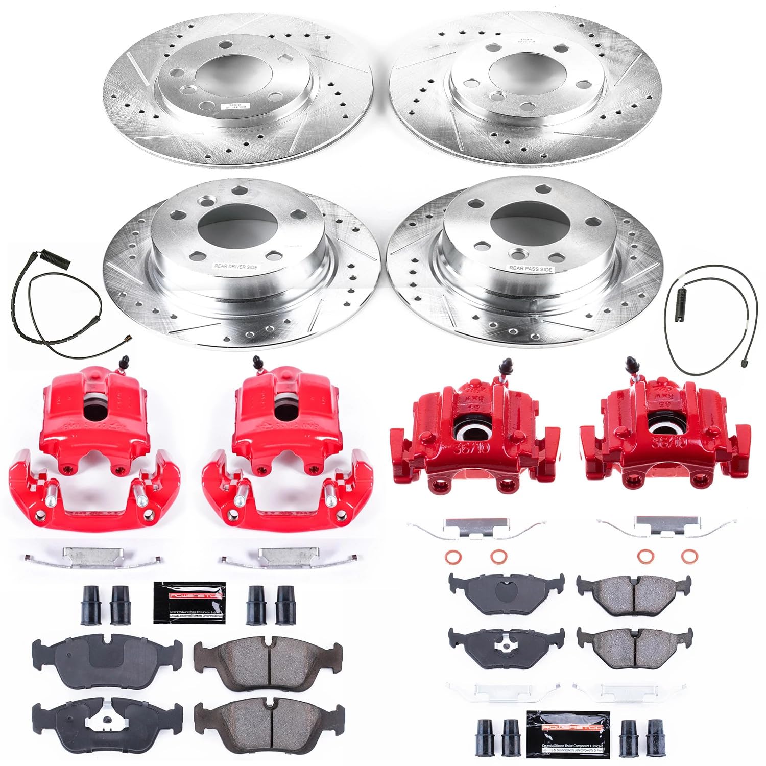 Power Stop KC500 Evolution Sport Caliper Kit-Drilled/Slotted Rotors, Carbon Ceramic Brake Pads, Front and Rear Calipers and 1 Front & 1 Rear Sensor Wires