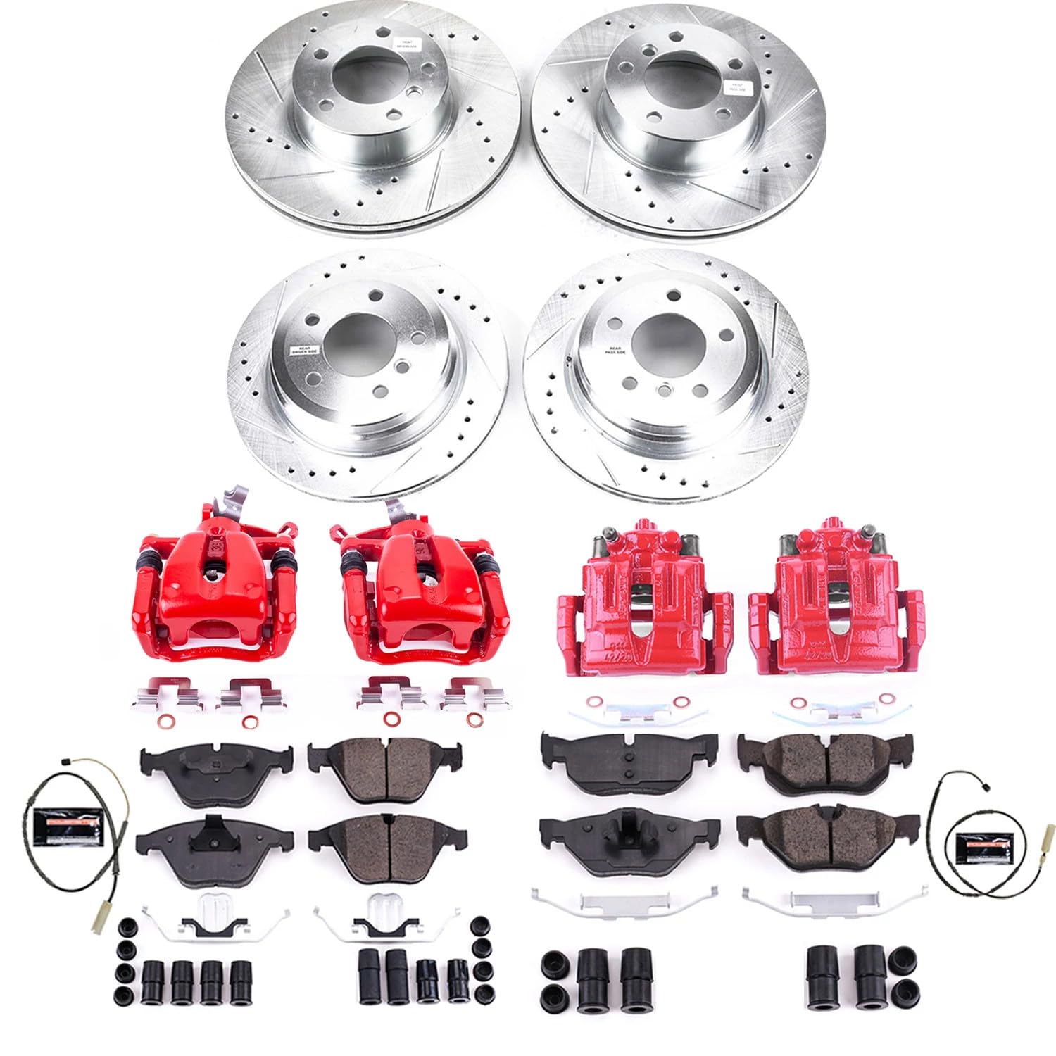 Power Stop Z23 Evolution Front and Rear Caliper Kit-Drilled/Slotted Rotors, Brake Pads & Calipers Carbon Ceramic and 1 Front & 1 Rear Sensor Wires