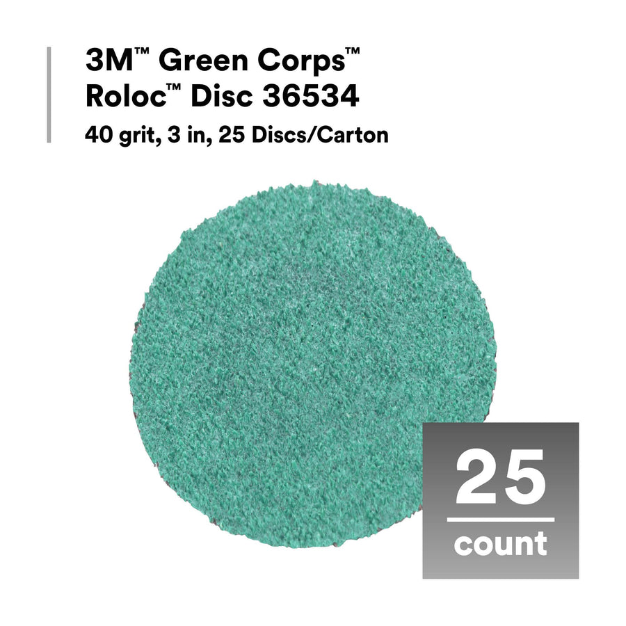 3M Green Corps 36534 Roloc Disc, 40+ Grit, 3 in, Pack of 25 Heavy Duty, Quick Change Discs for Grinding, Coating Removal, Fast Cutting