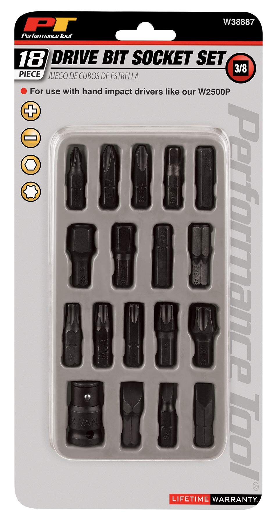 3/8 Drive Performance Tool W38887 Bit 18 Piece Socket Set for Versatile and Precise Fastening Tasks in Automotive and DIY Projects