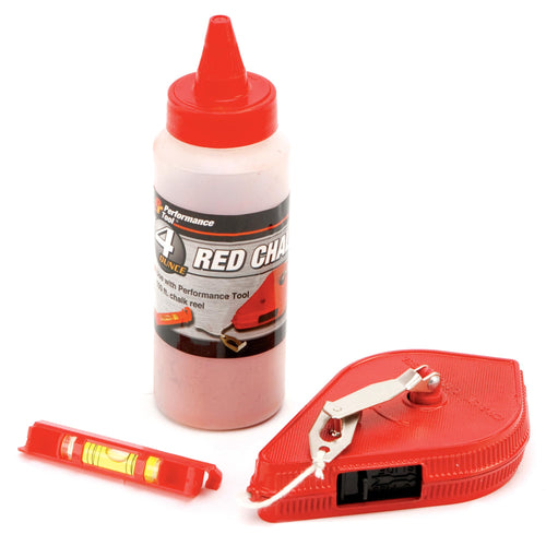 W5512 Performance Tool 100ft Chalk Reel with Line Level & Plumb Bob - Zinc Alloy Housing, 4oz Red Chalk