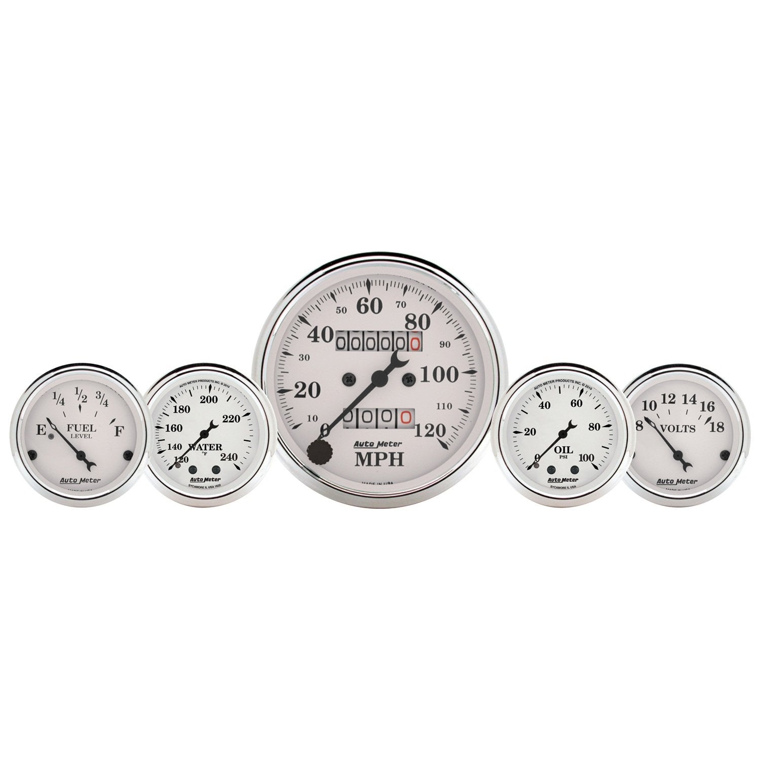 Auto Meter Old TYME 1611 White 5 Fuel/Oil/Speedo/Volt/Water Gauge Set