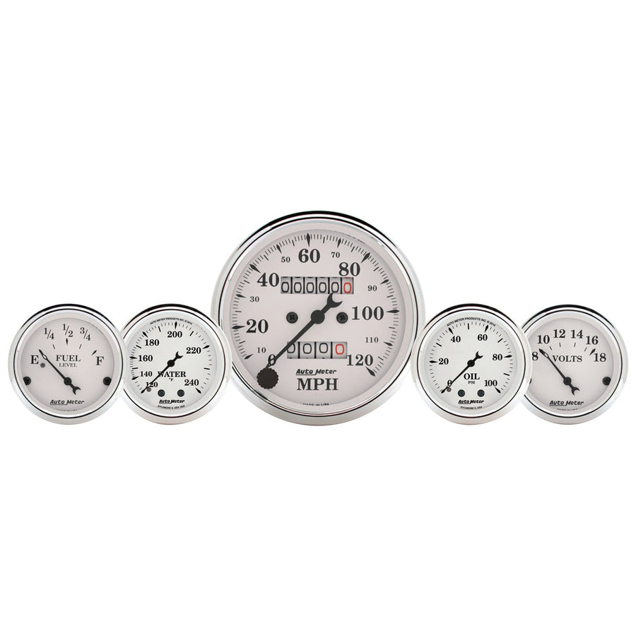 Auto Meter Old TYME 1611 White 5 Fuel/Oil/Speedo/Volt/Water Gauge Set