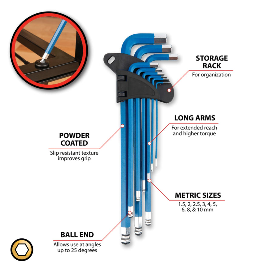 W80201 Performance Tool 9-Piece Metric Long Arm Hex Key Set with Holder, Slip Resistant Finish, Laser Etched Size markings, Ball End for Use at Angles, Metric Sizes: 1.5, 2, 2.5, 3, 4, 5, 6, 8, 10mm