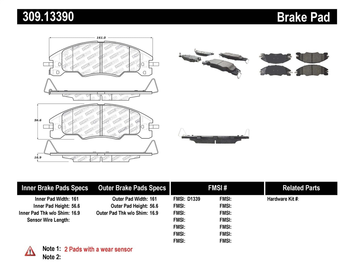 Sport Brake Pads StopTech 309.13390 with Shims and Hardware