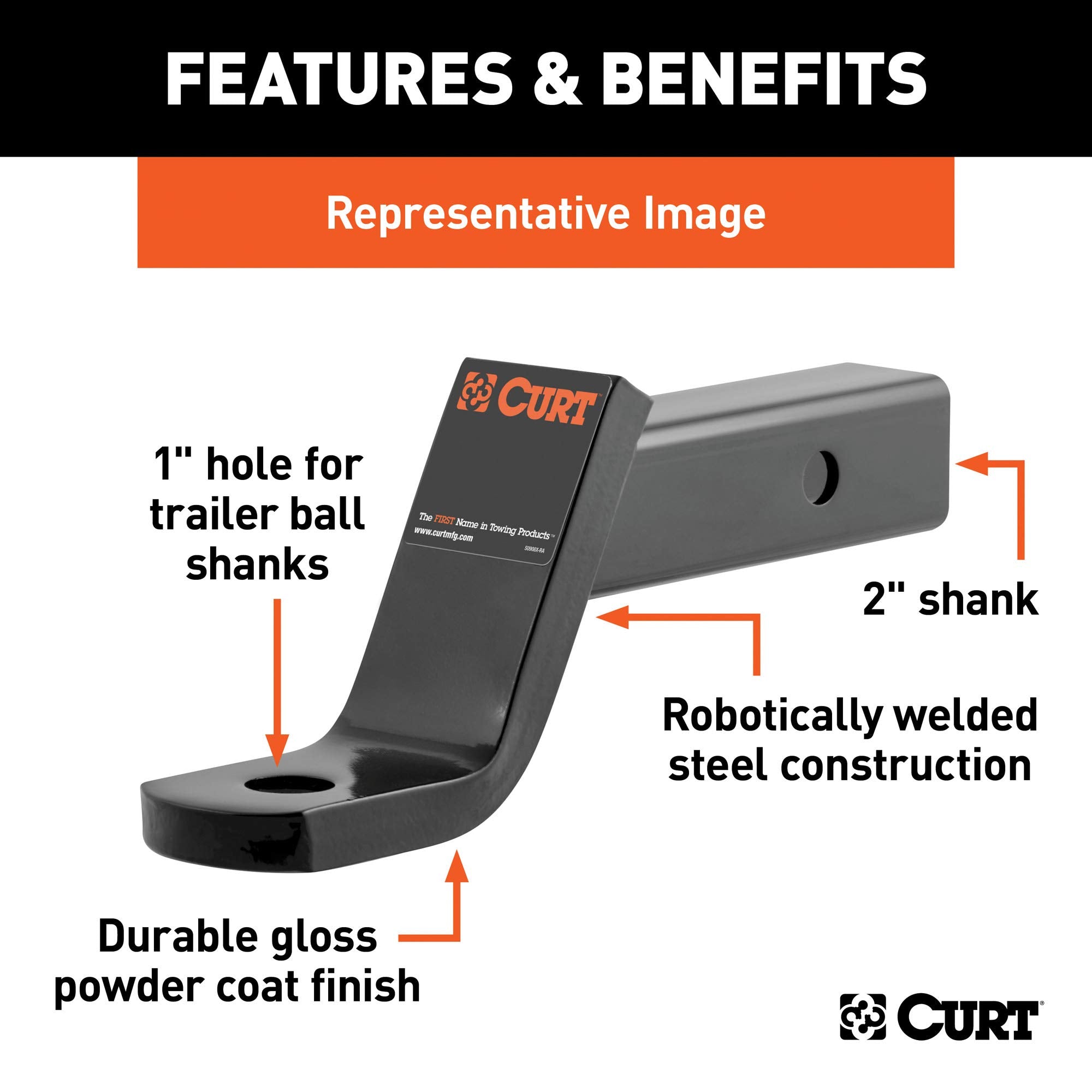 CURT 45030 Trailer Hitch Ball Mount Class 3, Fits 2-Inch Receiver, 7,500 lbs, 1-Inch Hole, 2-In Drop, 3/4-Inch Rise