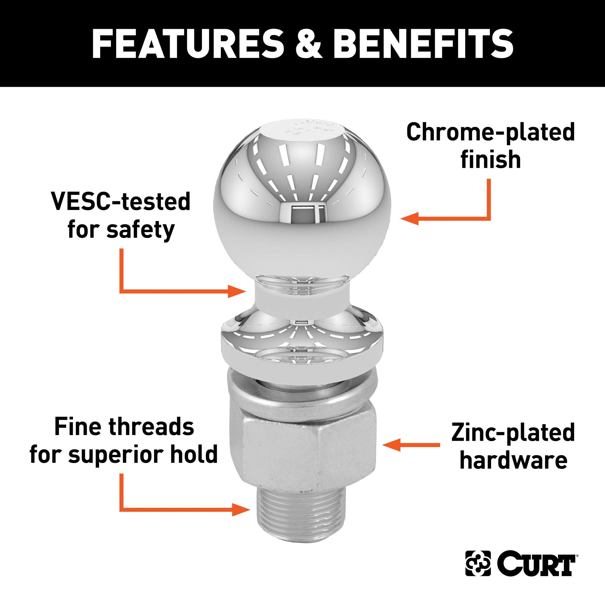 CURT 40007 Trailer Hitch Ball Chrome, 10,000 lbs, 2-5/16-Inch Diameter, 1 x 2-1/4-Inch Shank