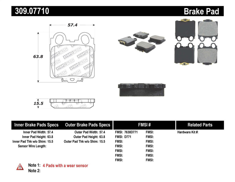 Sport Brake Pads StopTech 309.07710 with Shims and Hardware