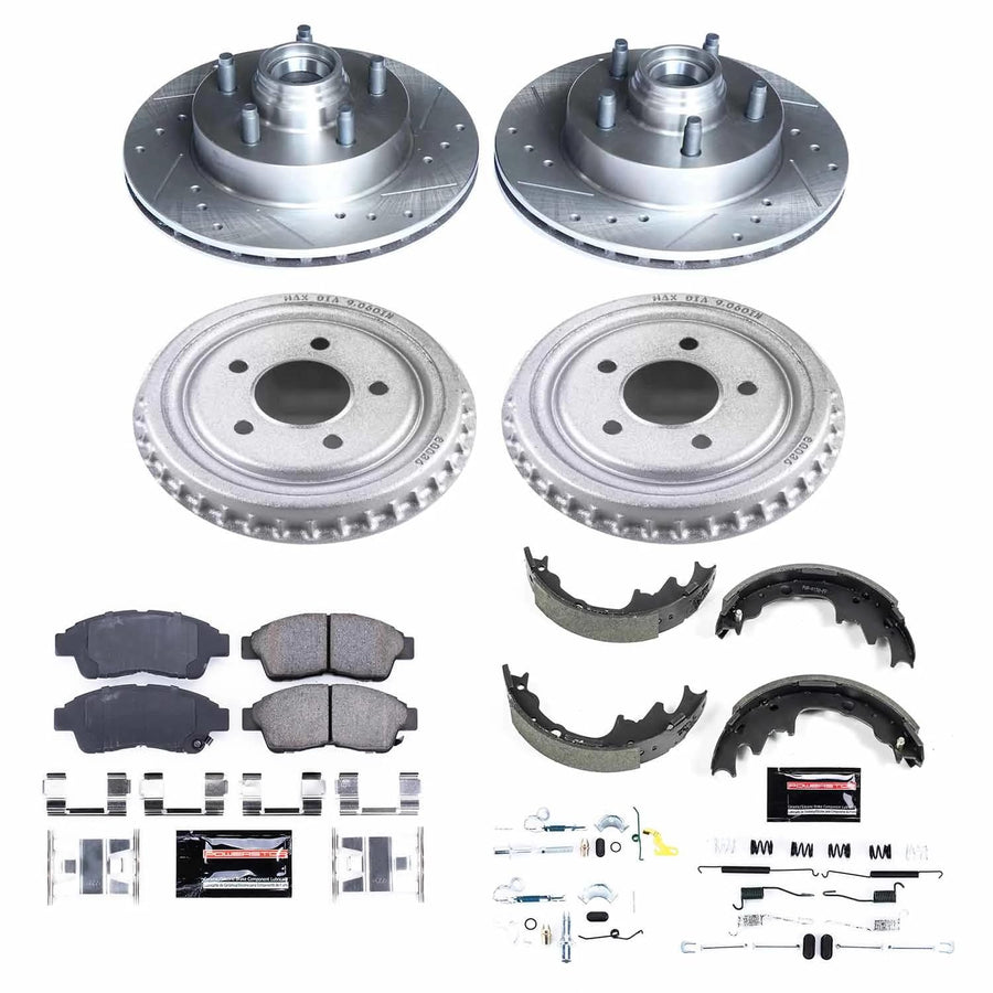 Power Stop K15152DK Z23 Carbon Fiber Brake Pads Front and Rear with Drilled & Slotted Brake Drums Kit For Ford Ranger 1998-2002, Mazda B4000 1998-2000 [Model Specific]