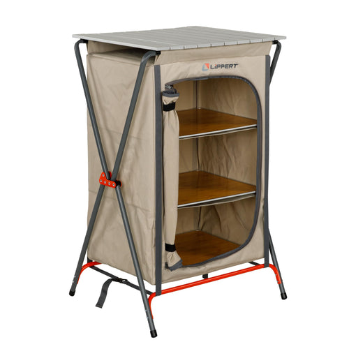 Outdoor Lippert Sand Folding Camping Pantry with Three Storage Shelves, 600D Polyester Fabric, Powder-Coated Steel Frame, Aluminum Slat Top, Collapsible Design - 2023053723