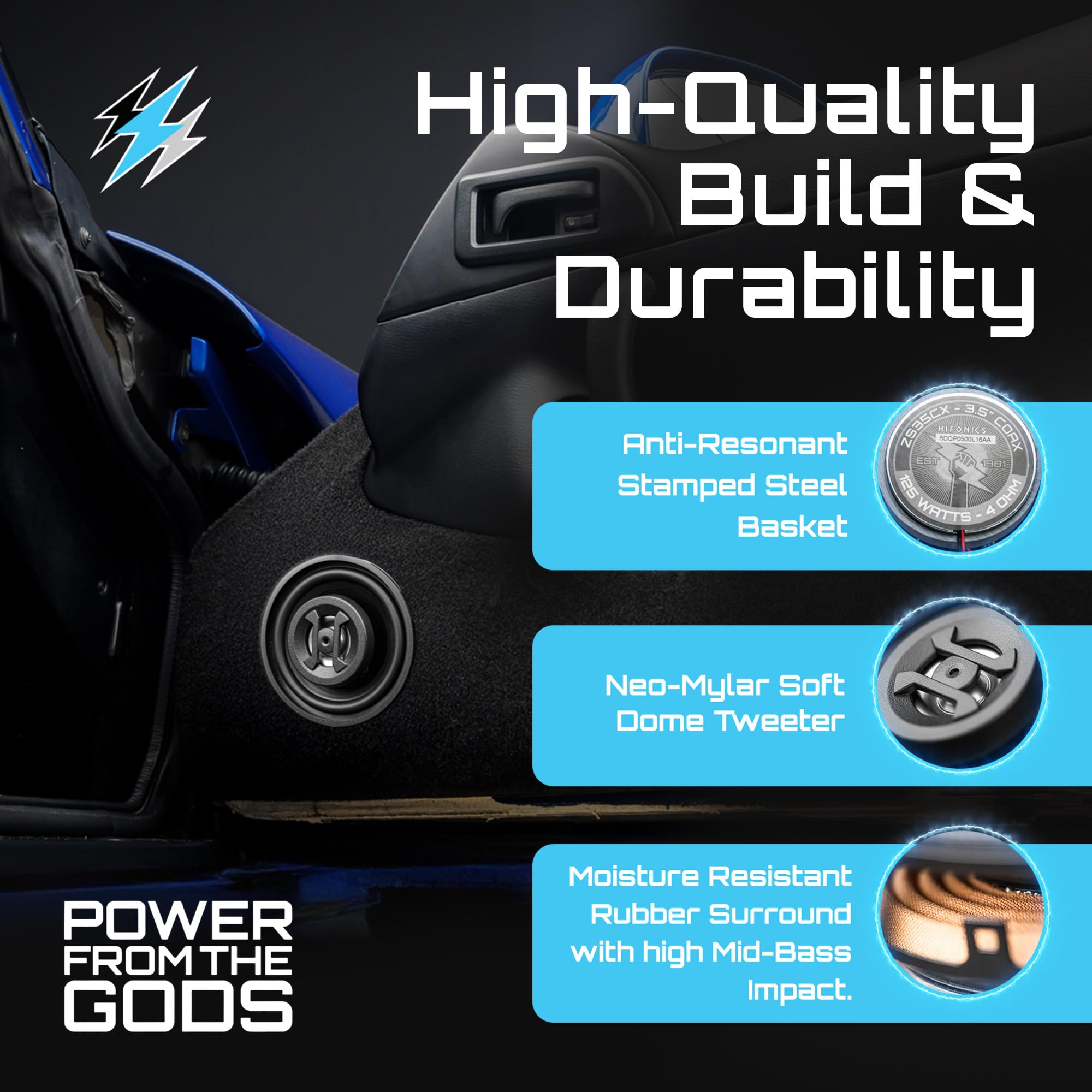 Hifonics Zeus 3.5 Inch ZS35CX 2 Way 125W Car Audio Coaxial Speakers with Mylar Dome Tweeter and Alpha Cellulose Poly Woofers, Pair