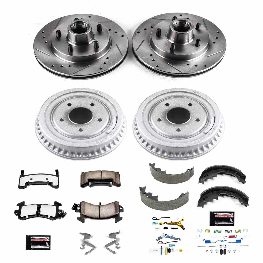 Power Stop Brake Kit Front and Rear For 1985 1986 1987 Buick Regal - Truck & Tow Carbon Fiber Ceramic Pads, Drums, & Drilled and Slotted Rotors Replacement, K15044DK-36