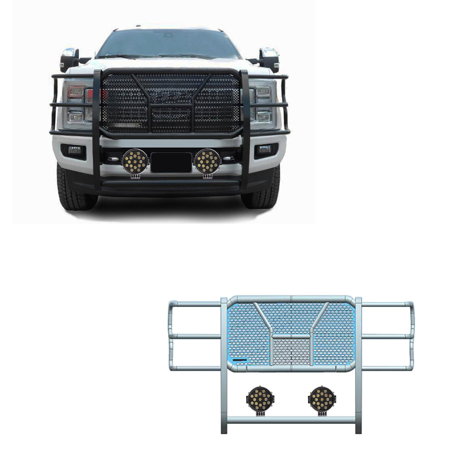 Heavy Duty Black Horse RUGGED Grille Brush Bumper Guard Modular Come With pair of 7.0"LED Lights Compatible with 2017-2022 Ford F-250/Ford F-350/Ford F-450/Ford F-550 Super Duty-RU-FOF217-B-PLB