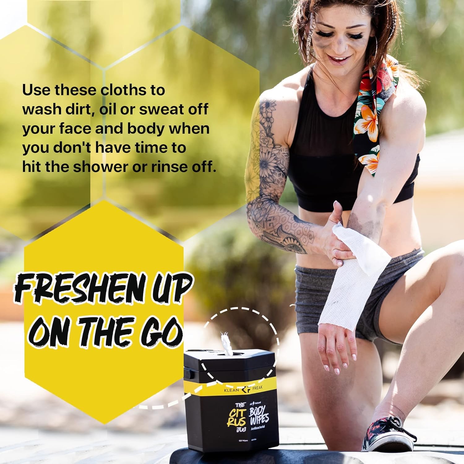 Klean Freak Body Wipes - Wipe Away Sweat and Odor for Face and Body, No Water, Large Textured, Travel, Gym, Camping and More, 120 Cnt Jug (Citrus)