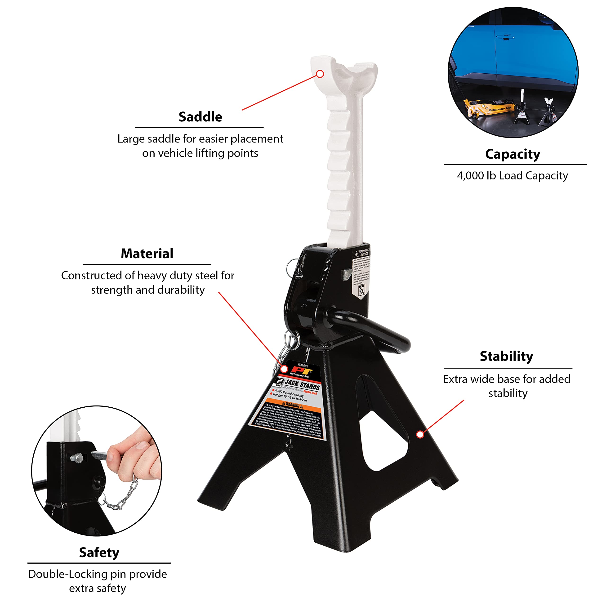 Heavy Duty Performance Tool W41002 Steel Jack Stands with Self-Locking Rachet and Double-Locking Pin, 2-Ton Capacity (Pair)