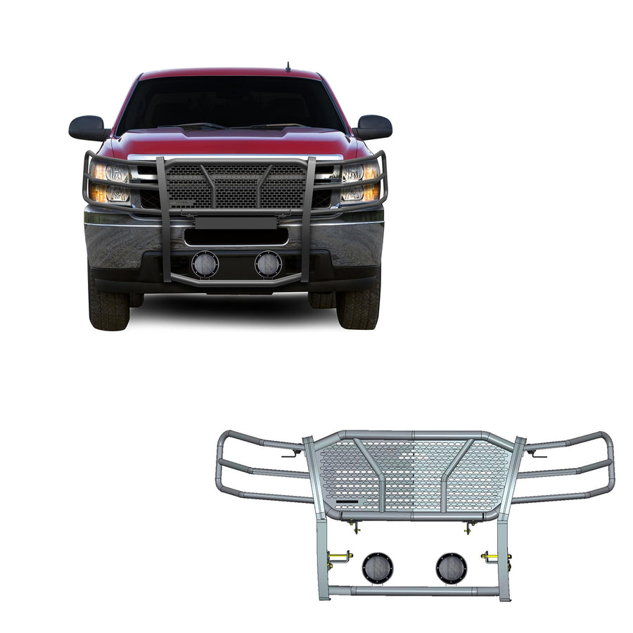 Heavy Duty Black Horse Rugged Grille Brush Bumper Guard Modular Black Come with Pair of 5.3" Dia.LED Lights with Black Trim Rings Compatible with 2007-2013 Chevrolet Silverado 1500-RU-CHSI07-B-PLFB