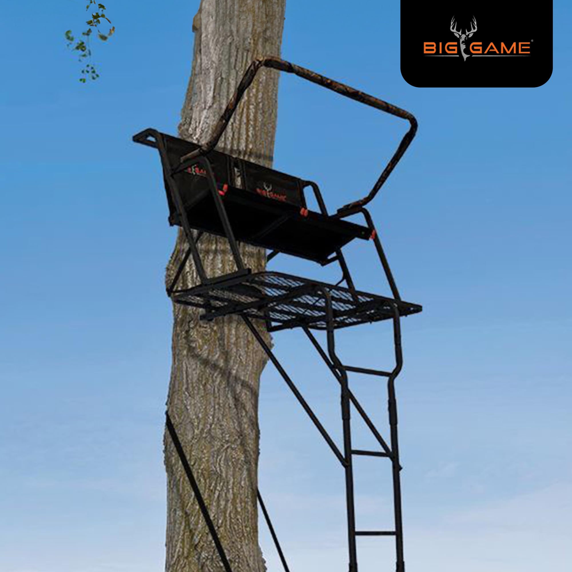 2-Person BIG GAME Ladder Tree Stand for Hunting Deer, Spector XT, 17' Tall, Black - Adjustable Climbing Treestand with Platform and Safety Harness for Shooting