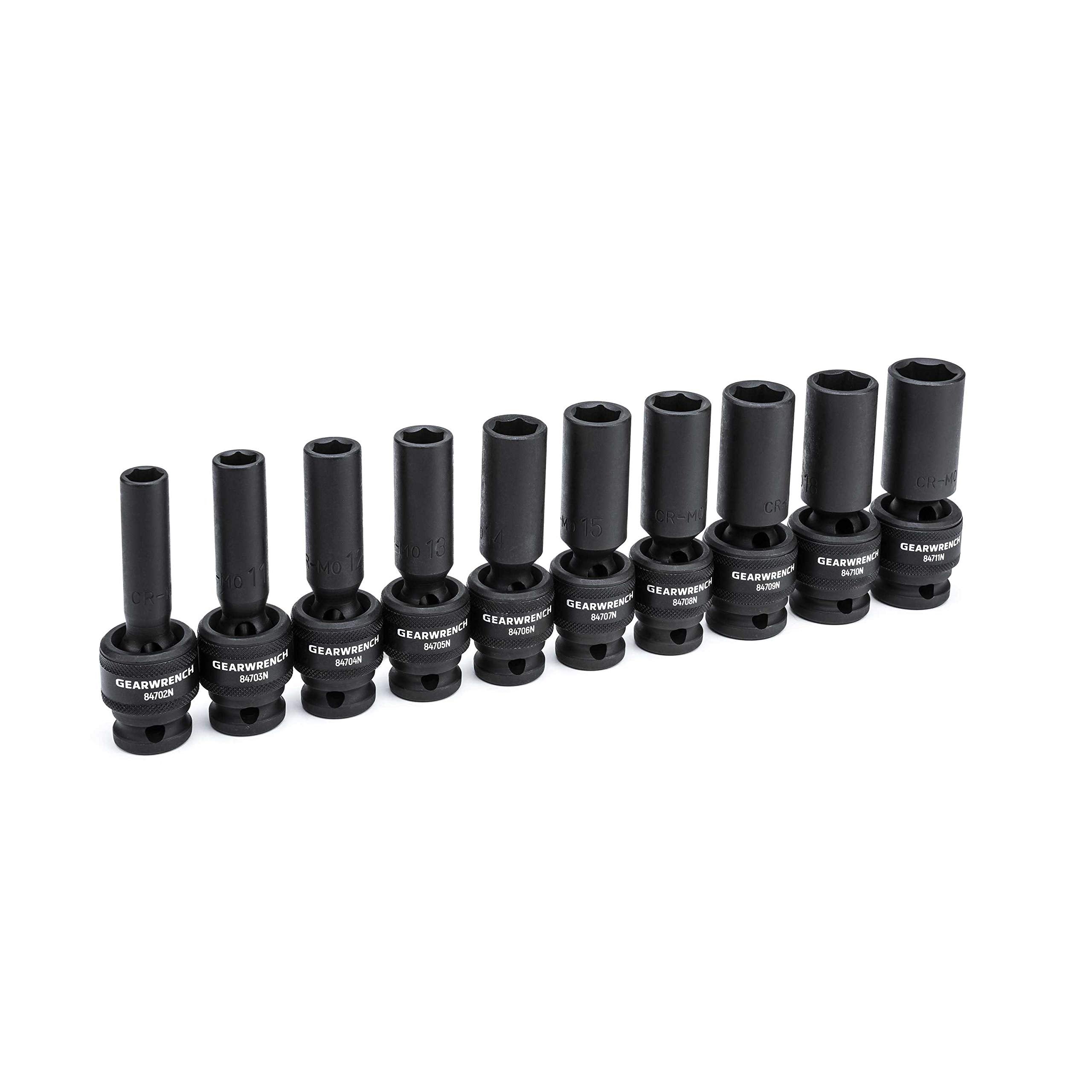 10 Pc. GEARWRENCH 1/2" Drive 6 Pt. Deep Universal Impact Socket Set, Metric - 84945N