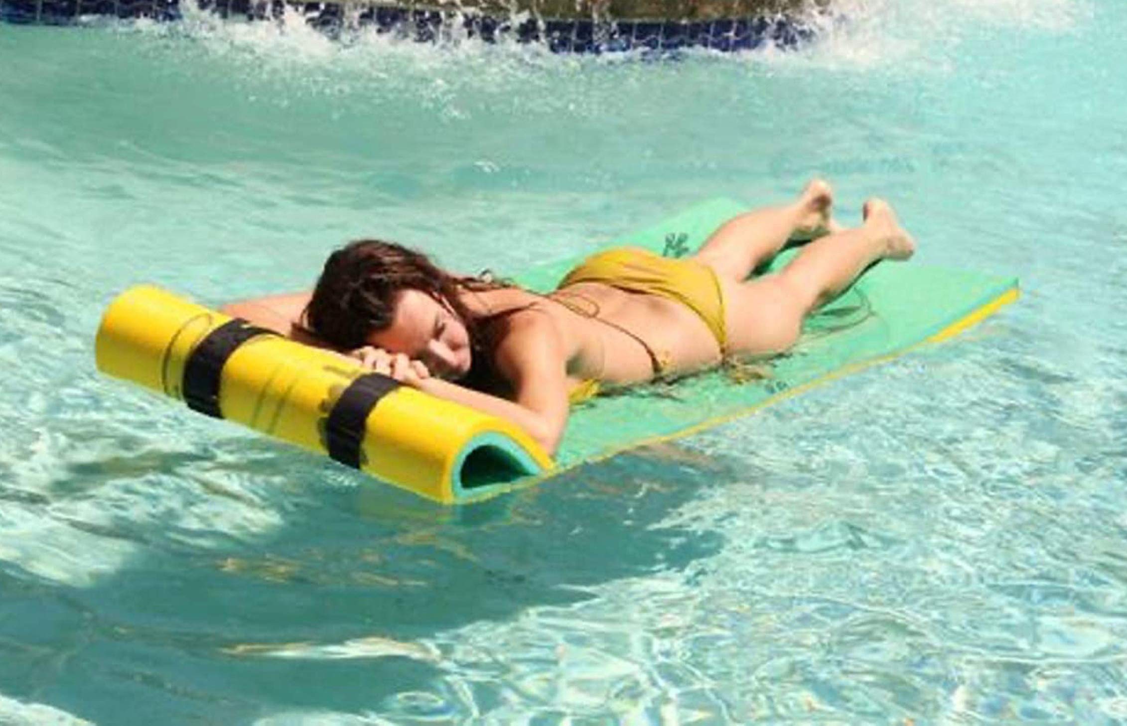 Aqua Lily Pad 85 x 24 Inch Single Adult Tadpole Floating Foam Pool Lounger Water Blanket Table Bed Mat with Pillow Straps & Storage Bag, Green/Yellow