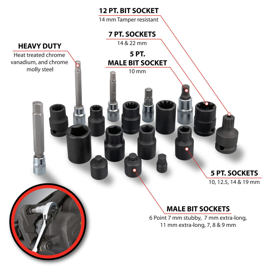 Brake Caliper Bit and Socket Set Performance Tool W86025 - Complete Coverage for Domestic, Euro and Asian Vehicles