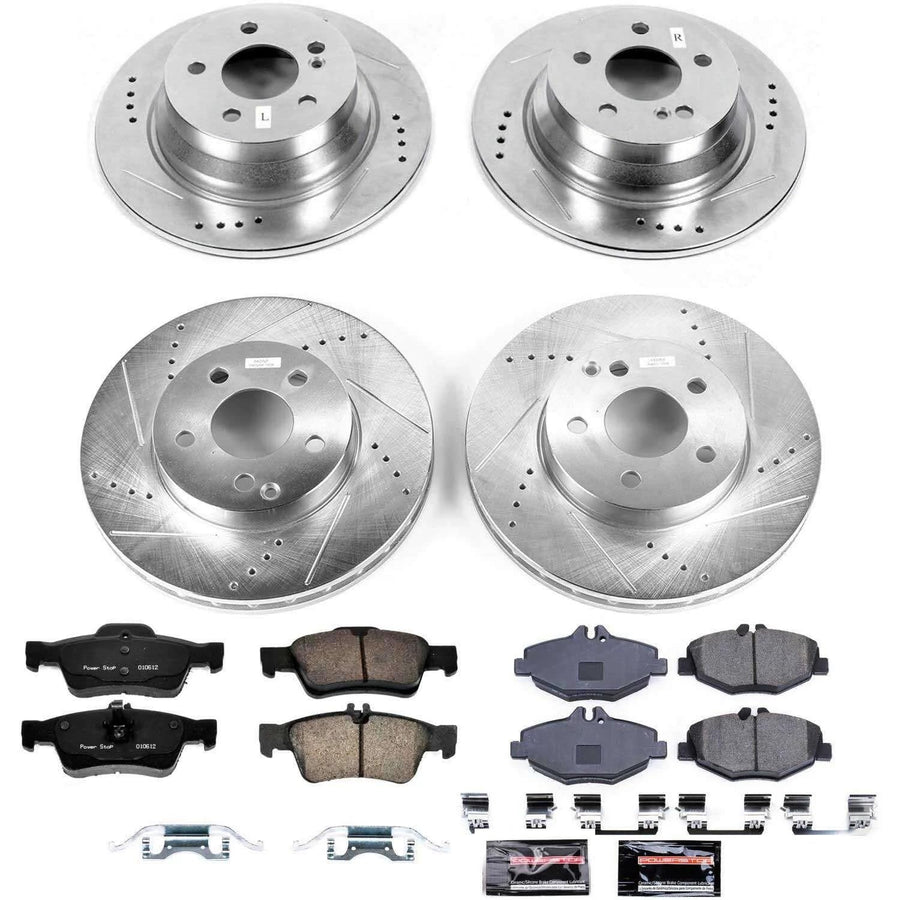 Power Stop K4515 Z23 Carbon Fiber Brake Pads Front and Rear with Drilled & Slotted Brake Rotors Kit and 2 Front & 2 Rear Sensor Wires For Mercedes-Benz E320 2006 [Model Specific]