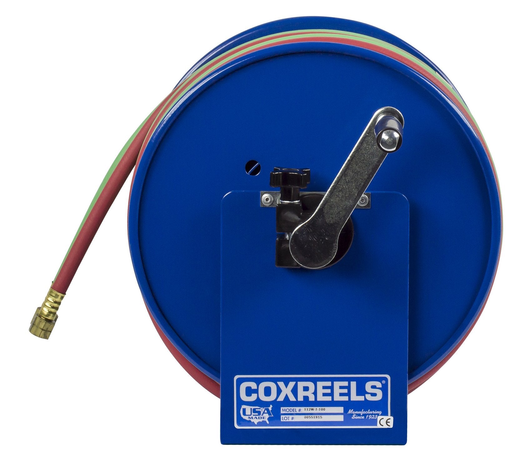 Coxreels Hand Crank Steel Welding Hose Reel 112W-1-100, 100W Series, ¼” x 100’, 200 PSI - Oxy-Acetylene Welding Hose - Easy-to-Use Compact Design - Heavy-Duty Steel Construction, Made in the USA, Blue