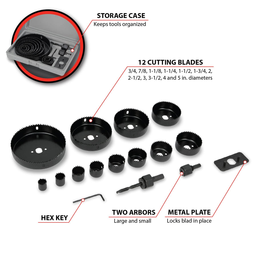 W9071 Performance Tool 16-Piece Carbon Steel Hole Saw Set - Durable Blades in 12 Sizes, with Arbors, Hex Key, and Carrying Case
