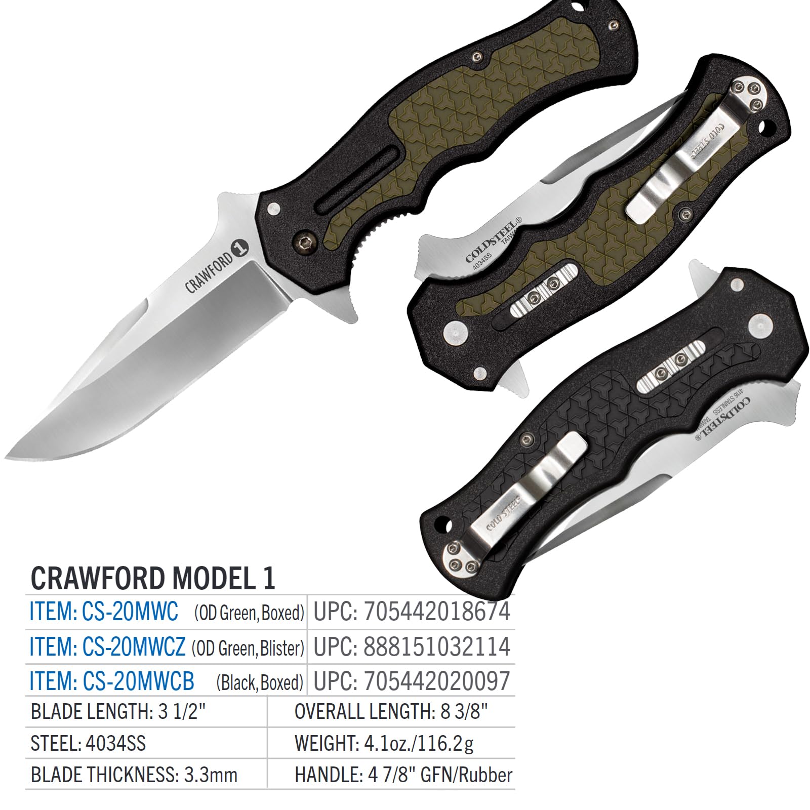 Cold Steel 3.5" Crawford Model 1 Clip Point Blade 4.875" OD Green Zy-Ex Handle Tactical Folding Knife, Boxed