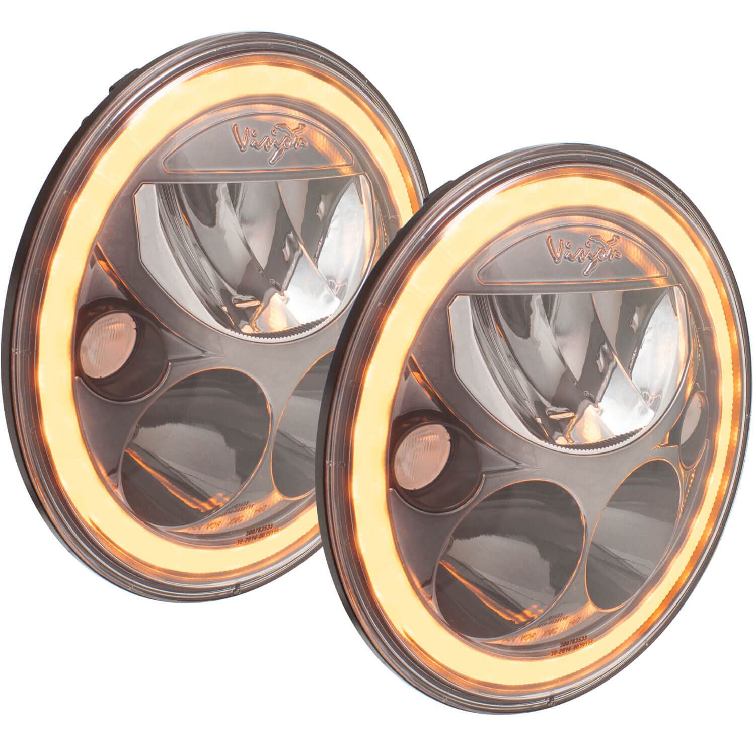 7" Round Pair Of Amber Halo Vx Series Black Chrome Face Led Headlight W/Low-High-Halo