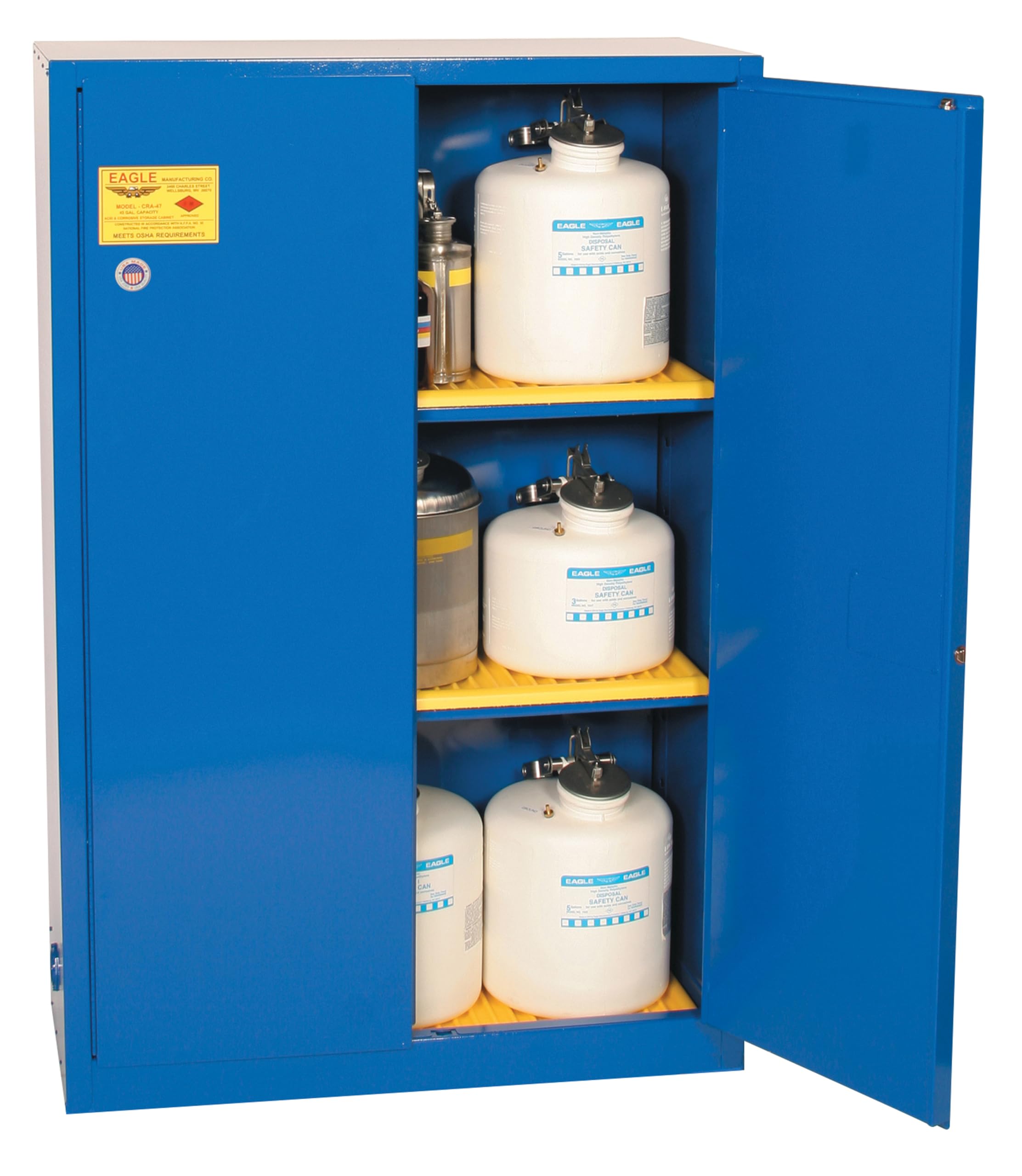 45 Gallon Eagle Corrosive Safety Cabinet, 2 Manual Close Doors, 2 Shelves, Blue, CRA47X
