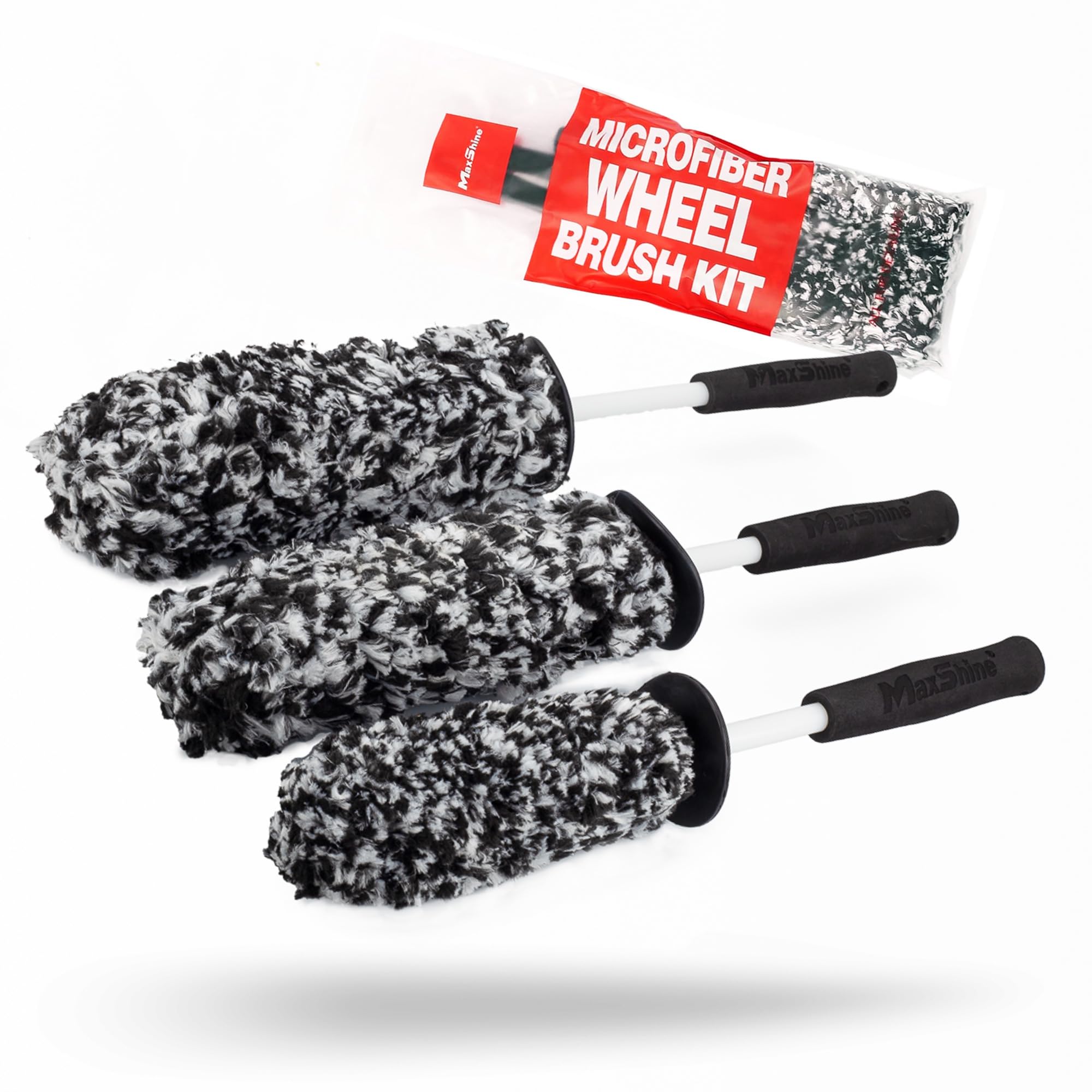 Maxshine 3-Piece Universal Microfiber Wheel Brush Kit (Black) | 14”, 18” & 20” Sizes | Ultra-Soft Lint-Free Heads with Anti-Static | Versatile Car Wheel & Rim Cleaning Brushes for Auto Detailing