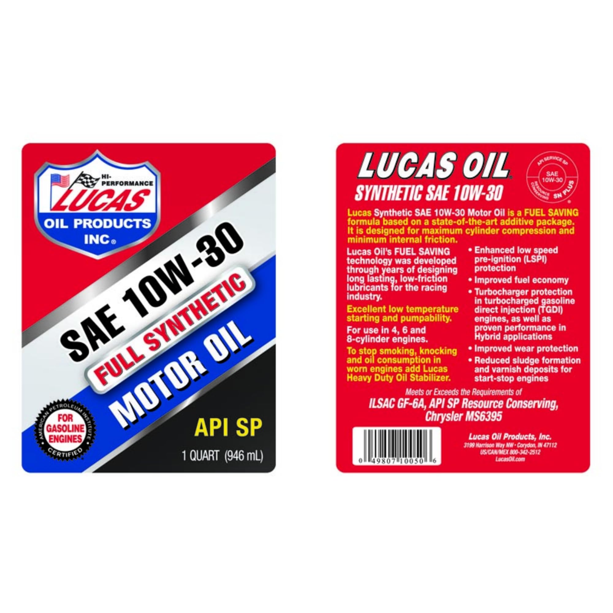 Synthetic SAE 10W-30 Lucas Oil Motor Oil API SP - 1 Quart