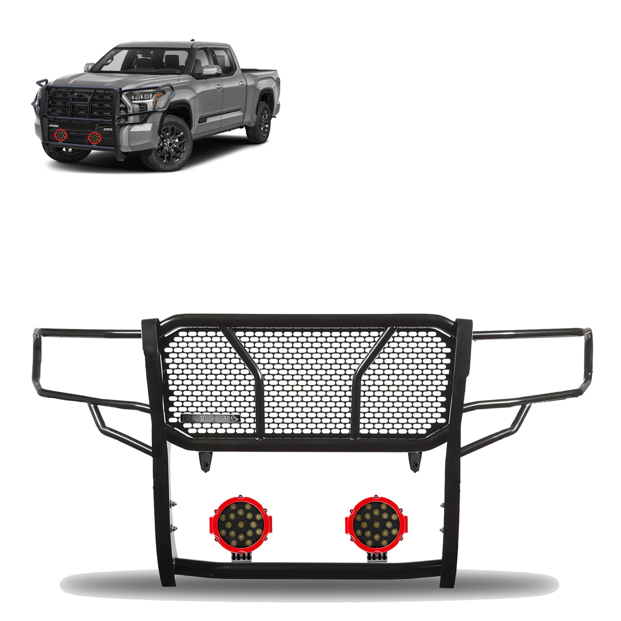 Heavy Duty Black Horse Rugged Grille Brush Bumper Guard Modular Come with Pair of 7.0" Dia.LED Lights with Red Trim Rings Compatible with 2022-2024 Toyota Tundra-RU-TOTU22-B-PLR