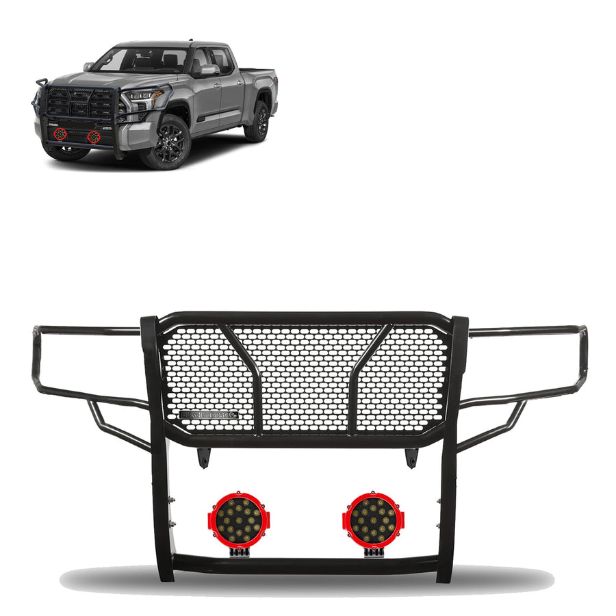 Heavy Duty Black Horse Rugged Grille Brush Bumper Guard Modular Come with Pair of 7.0" Dia.LED Lights with Red Trim Rings Compatible with 2022-2024 Toyota Tundra-RU-TOTU22-B-PLR