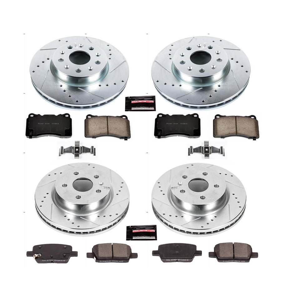 Power Stop K7293 Z23 Carbon Fiber Brake Pads Front and Rear with Drilled & Slotted Brake Rotors Kit For Chevrolet Camaro 2016-2021 [Model Specific]