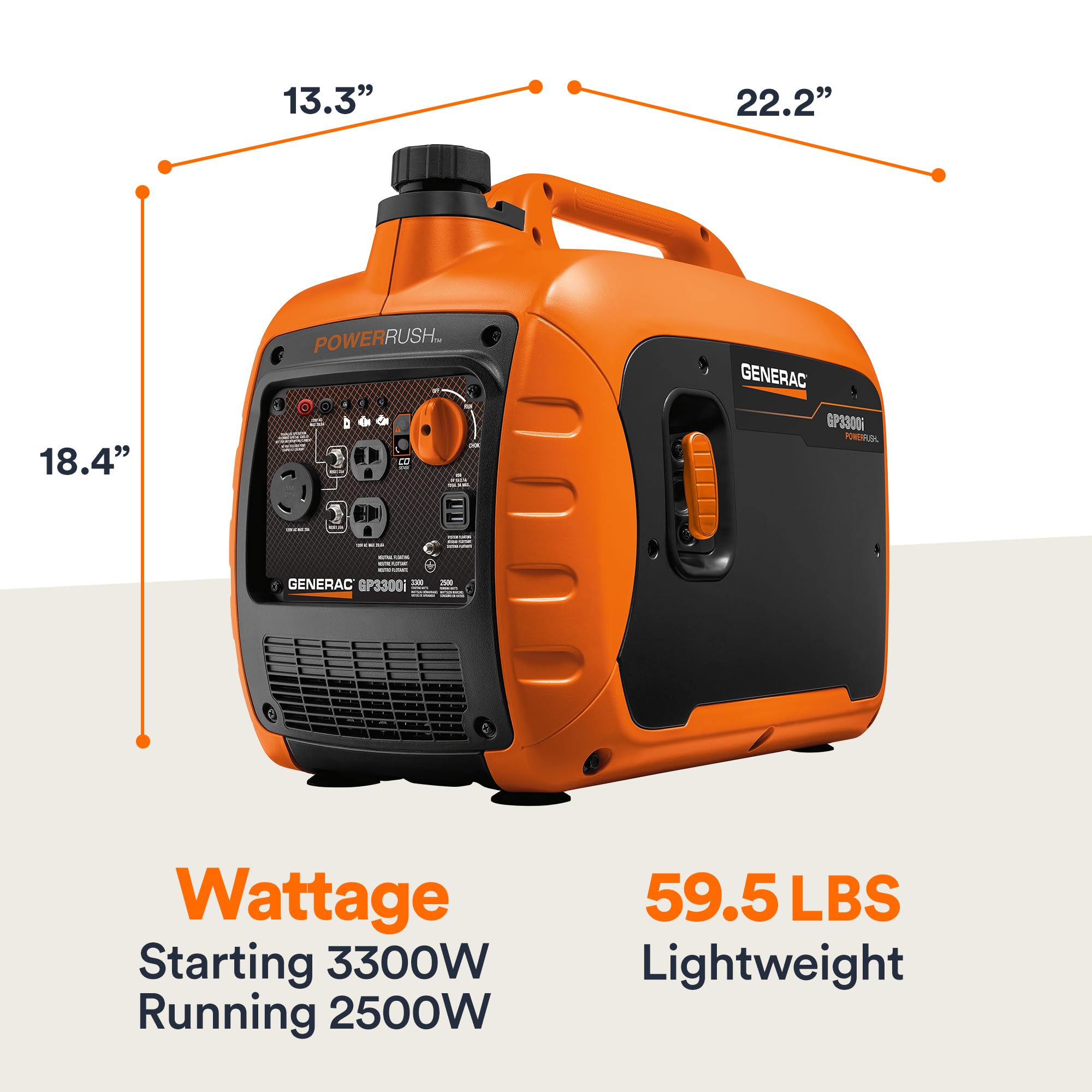 GP3300i Generac 7153 3,300-Watt Gas-Powered Portable Inverter Generator - Lightweight Design - USB Ports for Mobile Device Charging - COsense Technology - CARB Compliant, Orange/Black