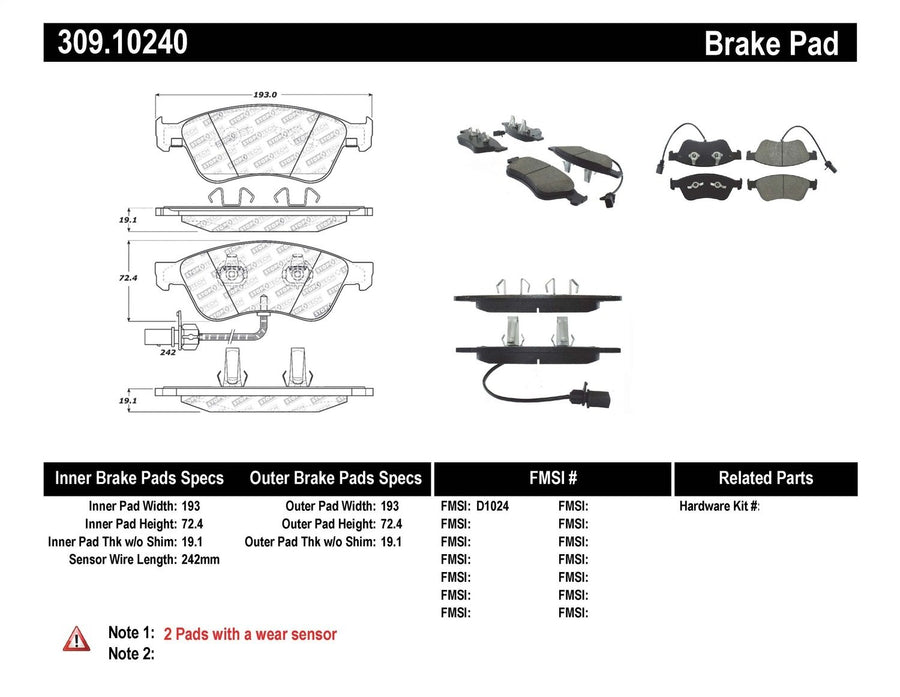 Sport Brake Pads StopTech 309.10240 with Shims and Hardware