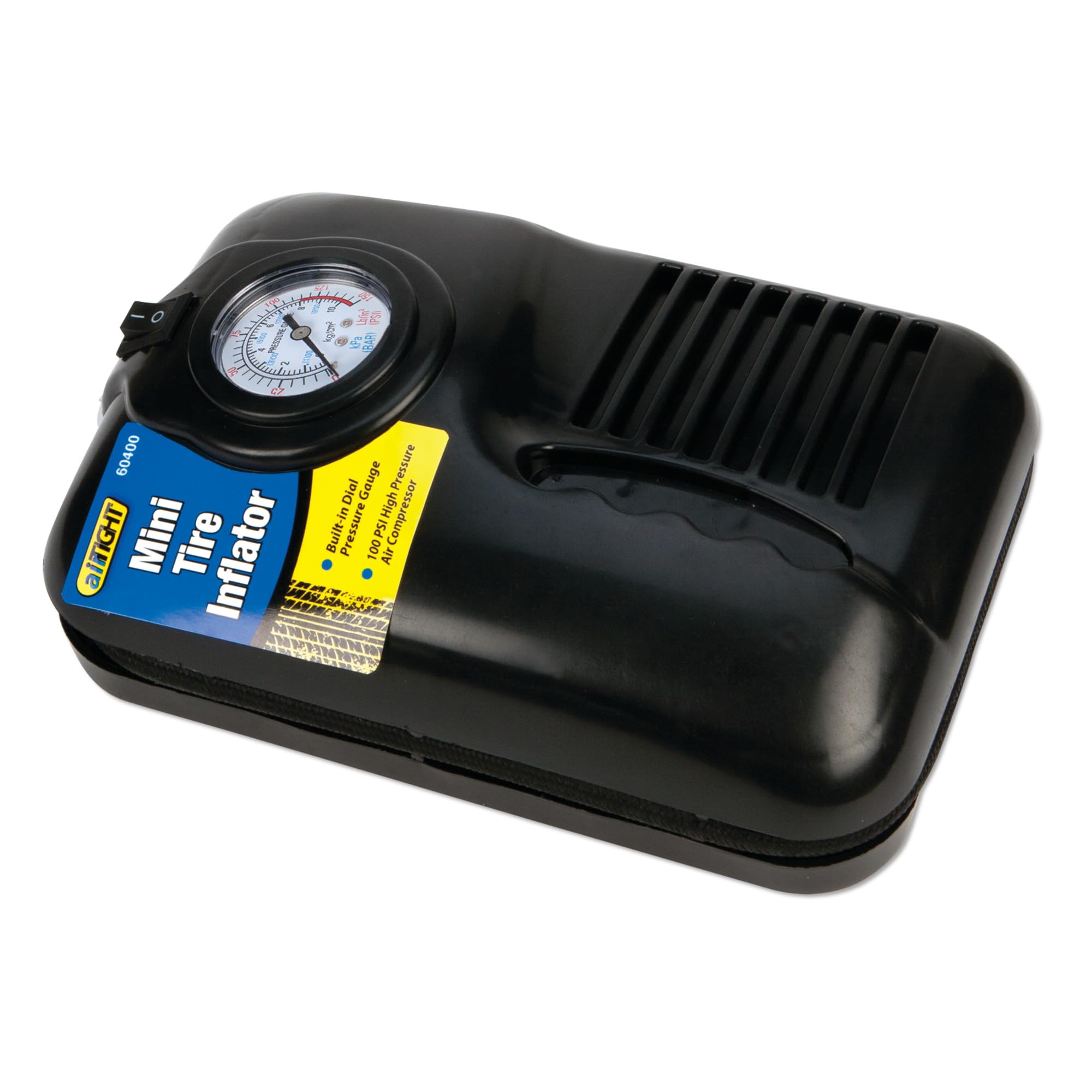 12-Volt Performance Tool Portable Mini Tire Inflator with Built-In Pressure Gauge and LED Light for Cars, SUVs, Bikes, and Motorcycles