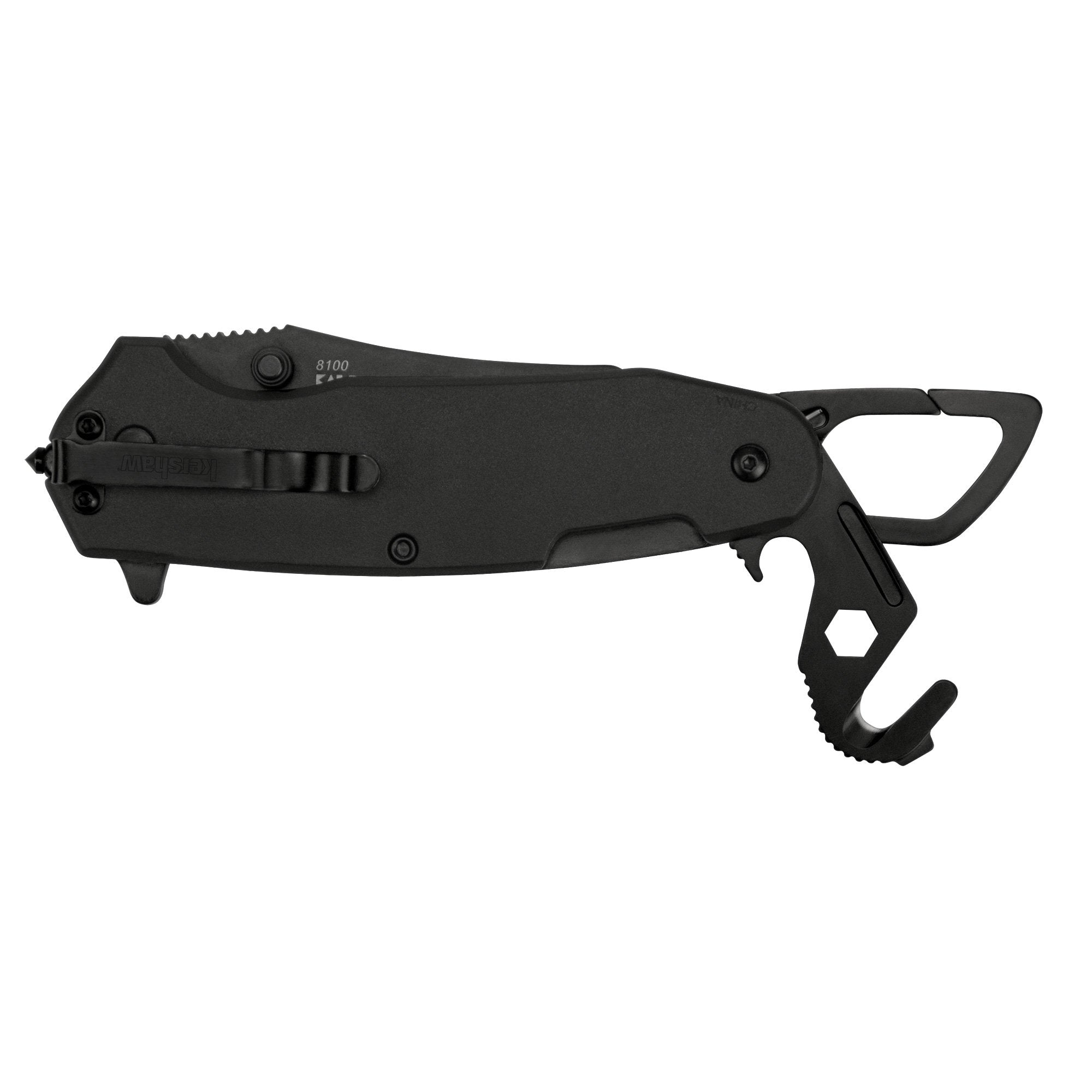 Funxion EMT Kershaw (8100); Multifunction Folding Pocketknife; 3 inch Partially Serrated Stainless Steel Blade; Carabiner Clip, Cord Cutter, Screwdriver Tip, Hex Wrench, Glassbreaker Tip , Black