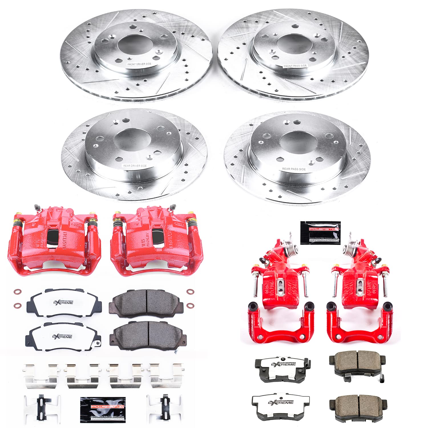 Power Stop Z26 KC1042A-26 Brake Pad and Rotor Kit Front and Rear with Red Powder Coated Calipers For Honda Accord 1998-2002 [Model Specific]