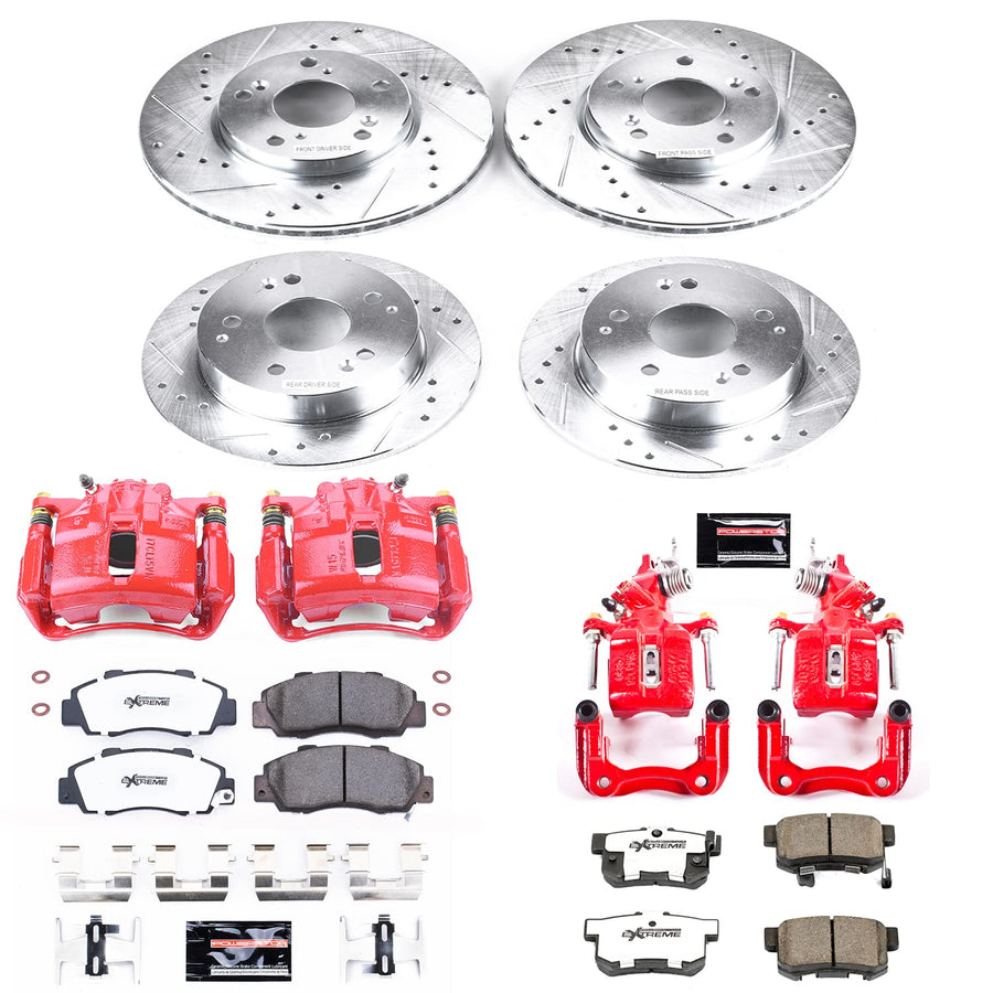 Power Stop Z26 KC1042A-26 Brake Pad and Rotor Kit Front and Rear with Red Powder Coated Calipers For Honda Accord 1998-2002 [Model Specific]
