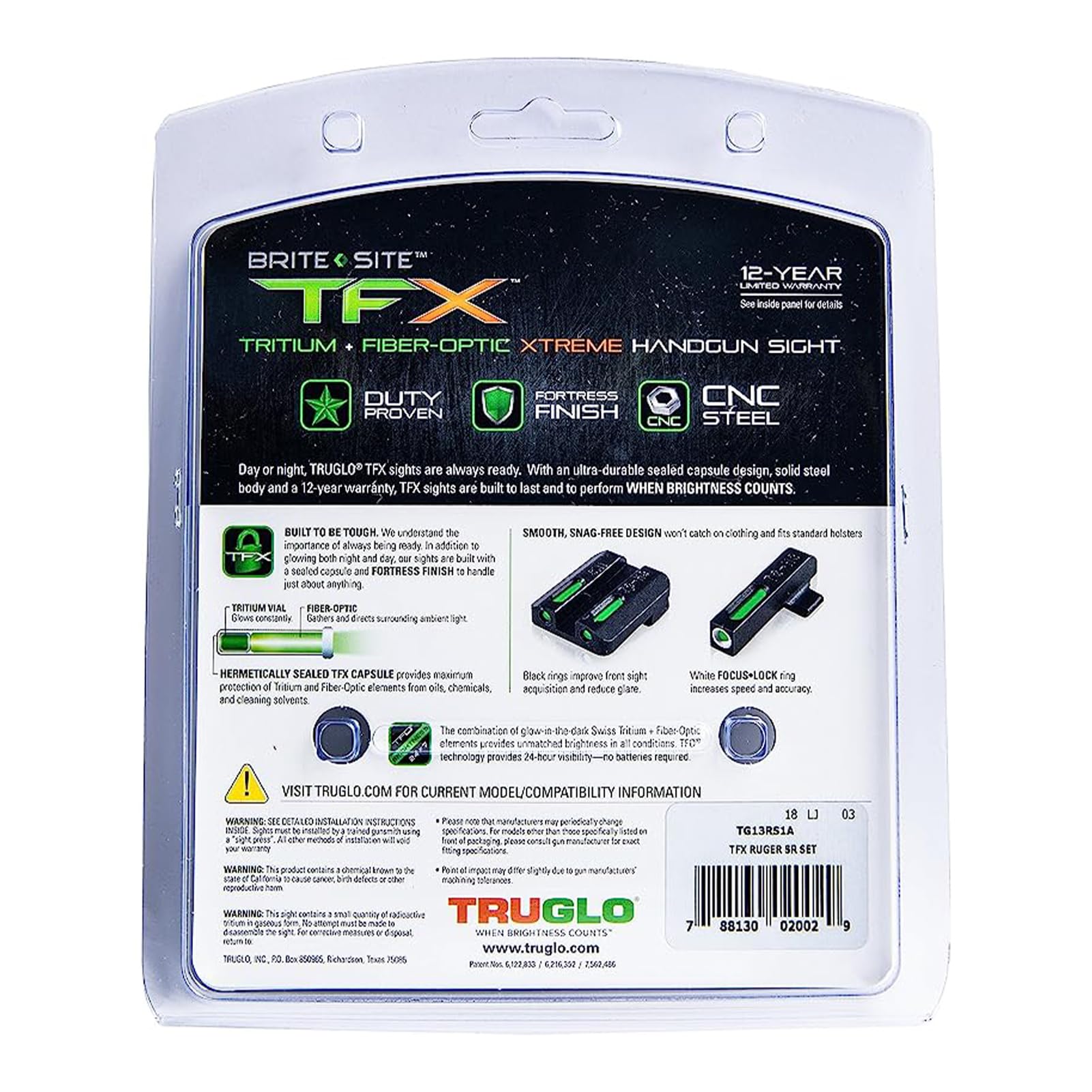 TRUGLO TFX Sight Handgun | Durable Shock-Resistant Compact Brightly Glowing Tritium & Fiber-Optic Xtreme Day/Night, Compatible with Ruger SR Handguns