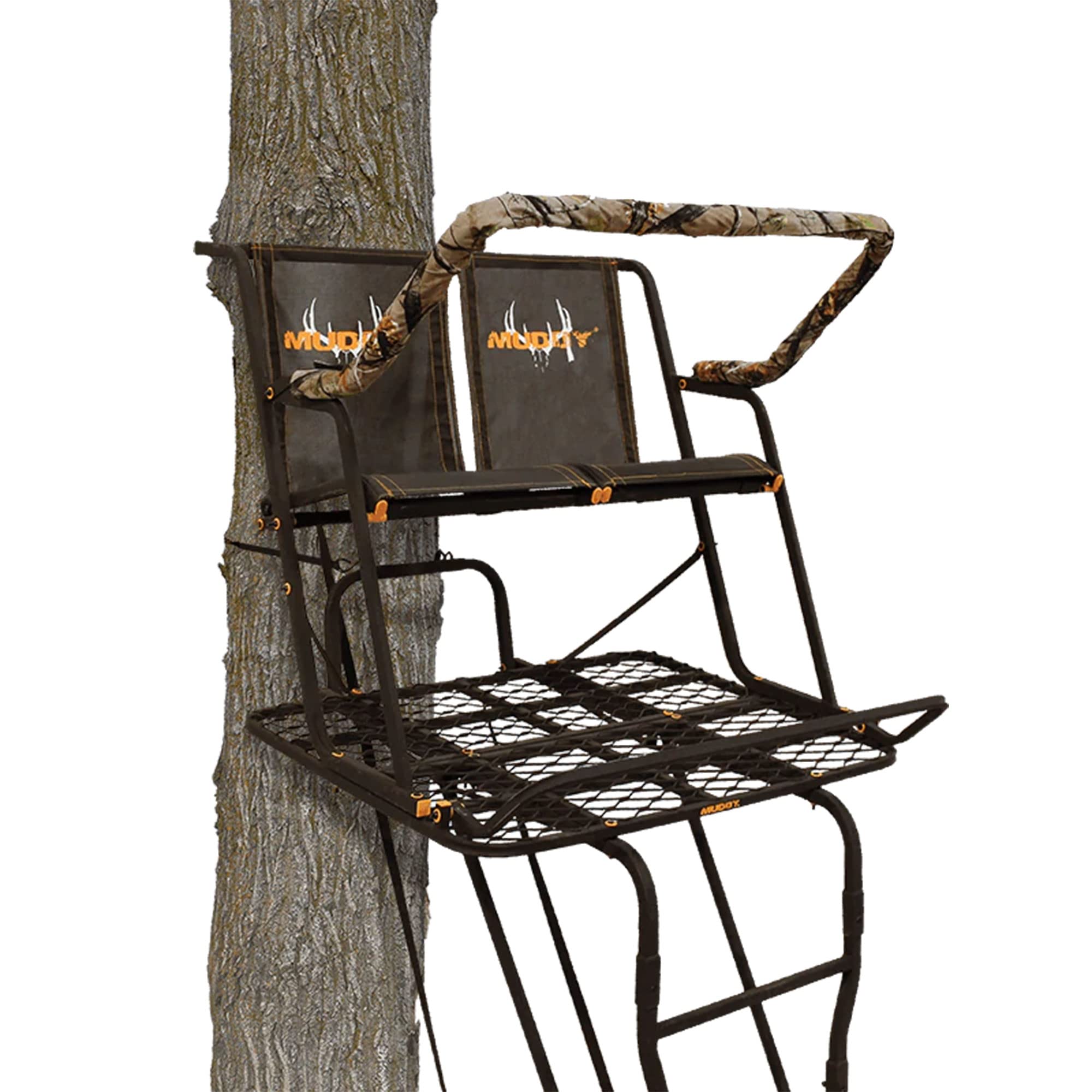 2-Person Muddy Ladder Tree Stand for Deer Hunting, The Partner, 17' Tall, Black - Adjustable Climbing Treestand with Platform, Straps and Safety Harness for Shooting