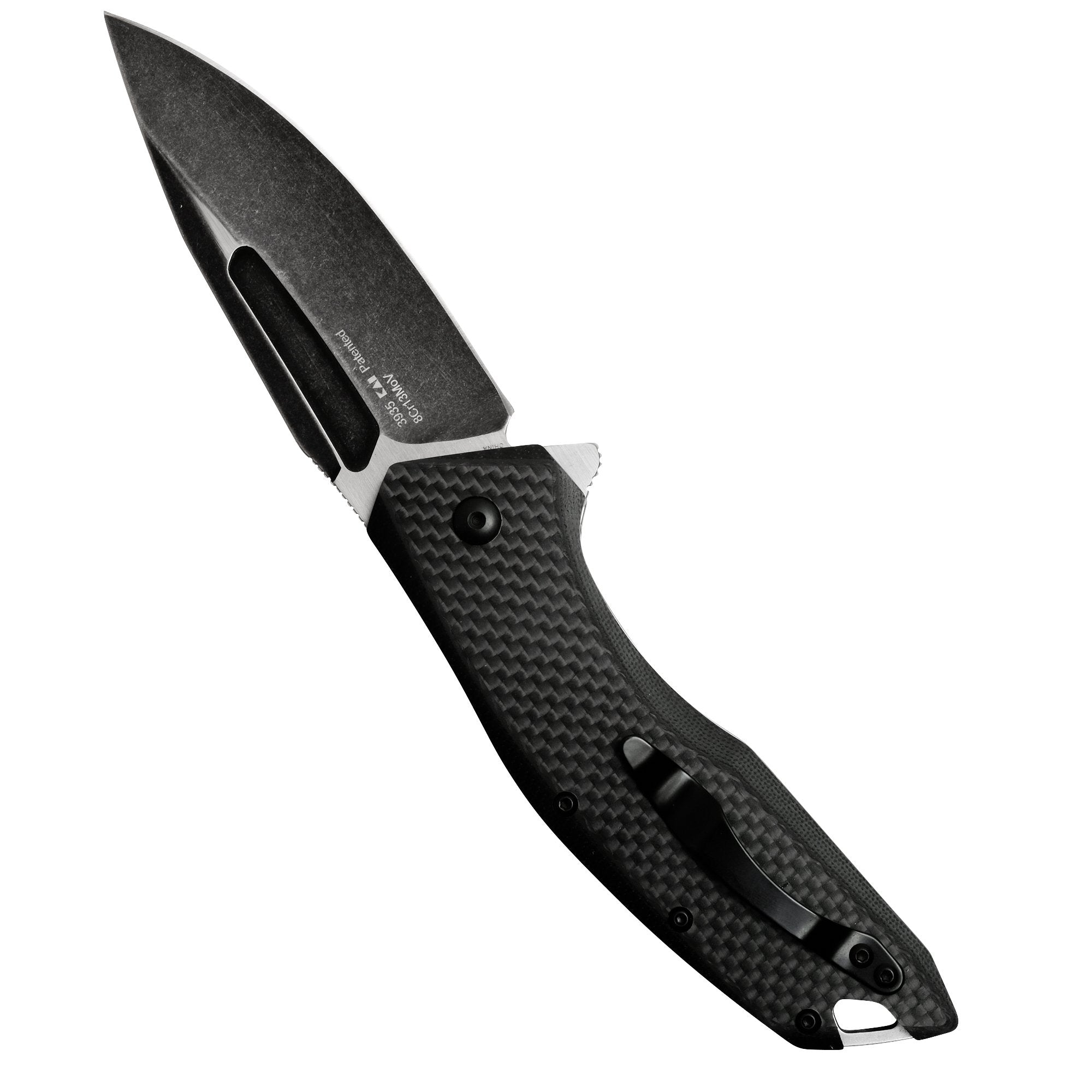 Kershaw Pocket Knife Flourish (3935); 3.5-Inch Blackwash Clip Point Blade with Black Carbon Fiber Handle; Features SpeedSafe Assisted Opening, Flipper, Lanyard Hole and Reversible Pocket Clip; 5.3 OZ.