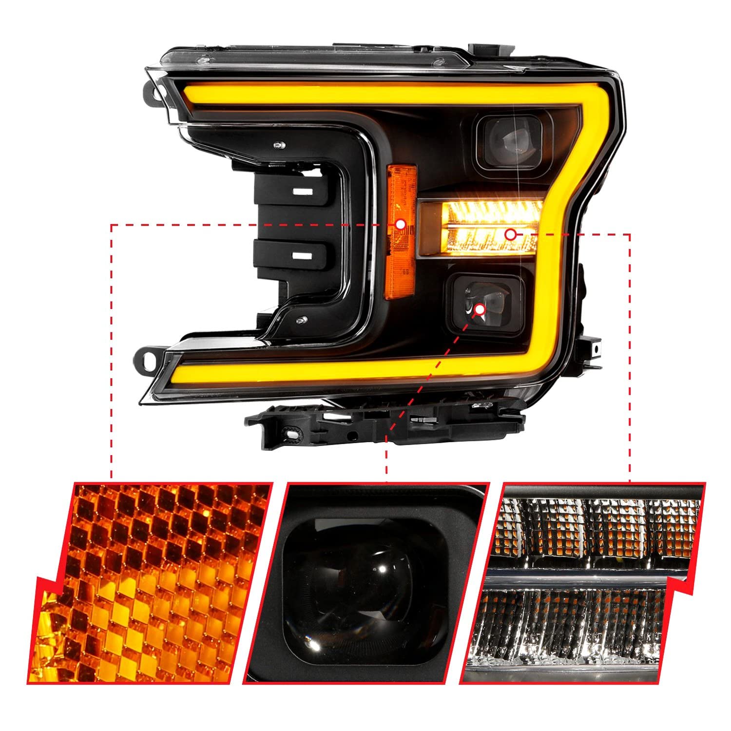 18-20 Ford F-150 Anzo USA (w/o Fctry LED) Full LED Proj Headlights w/Light Bar Swtchbk Seq. Black w/Init (111570)