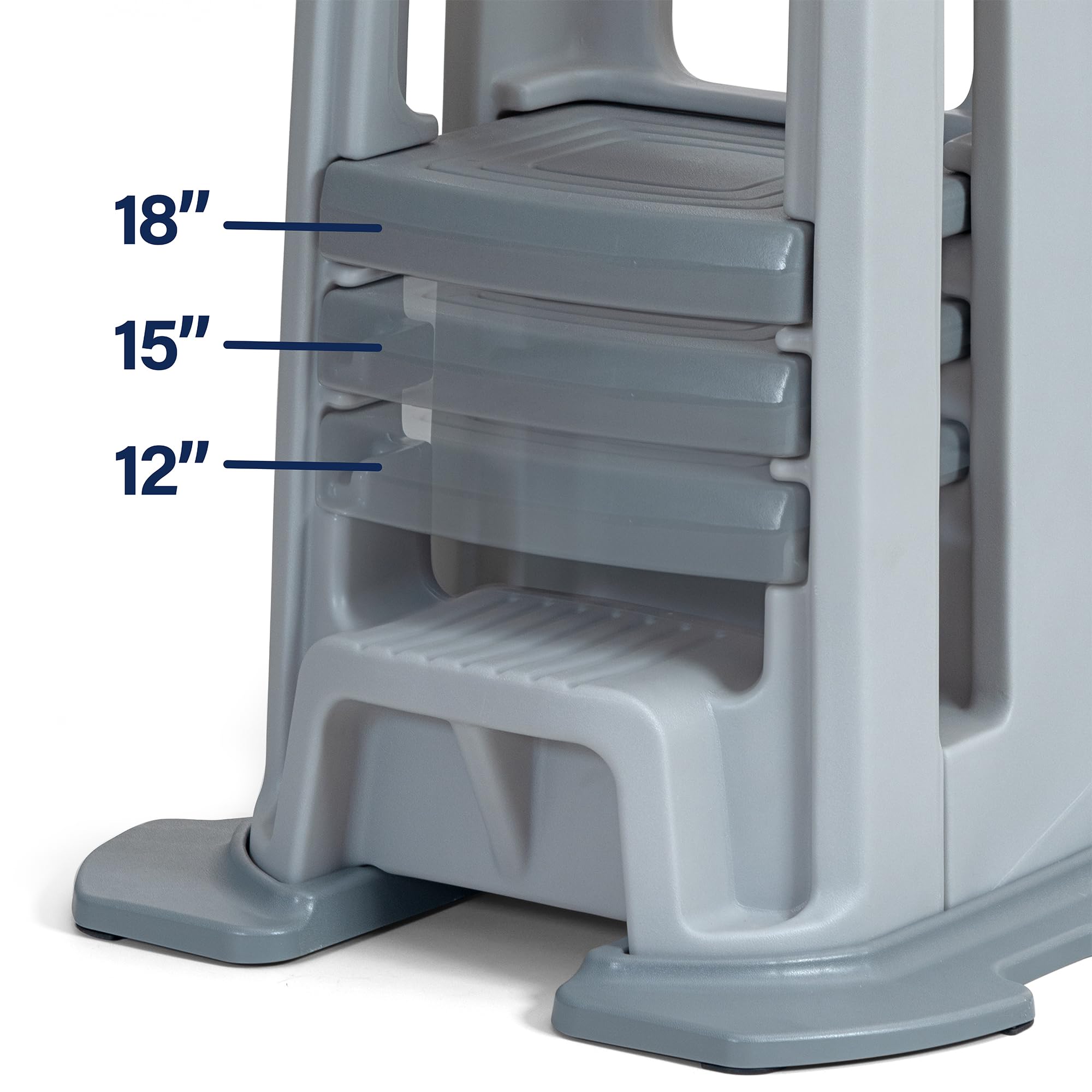 Simplay3 Montessori Toddler Tower Standing Kitchen Step Stool with Sturdy Stabilizing Base and Adjustable Platform, 20.5" D x 26" W x 34.5" H, Ages 18 Months to 5 Years, Gray
