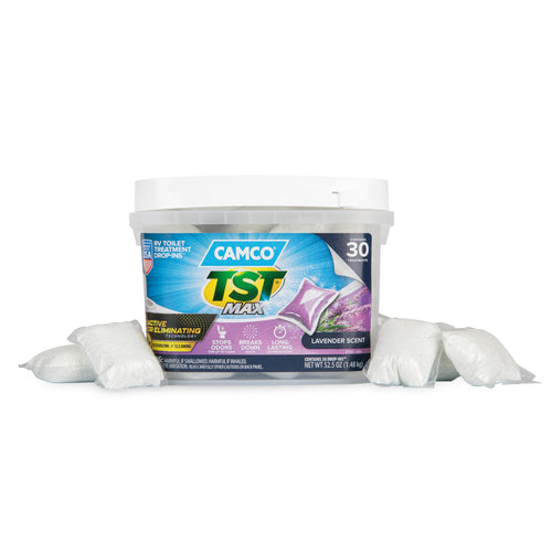 Camco TST MAX Drop-INs RV Toilet Treatment - Control Unwanted Odors and Break Down Waste and Tissue - Septic Tank Safe - Lavender Scent - 30-pack (41553)