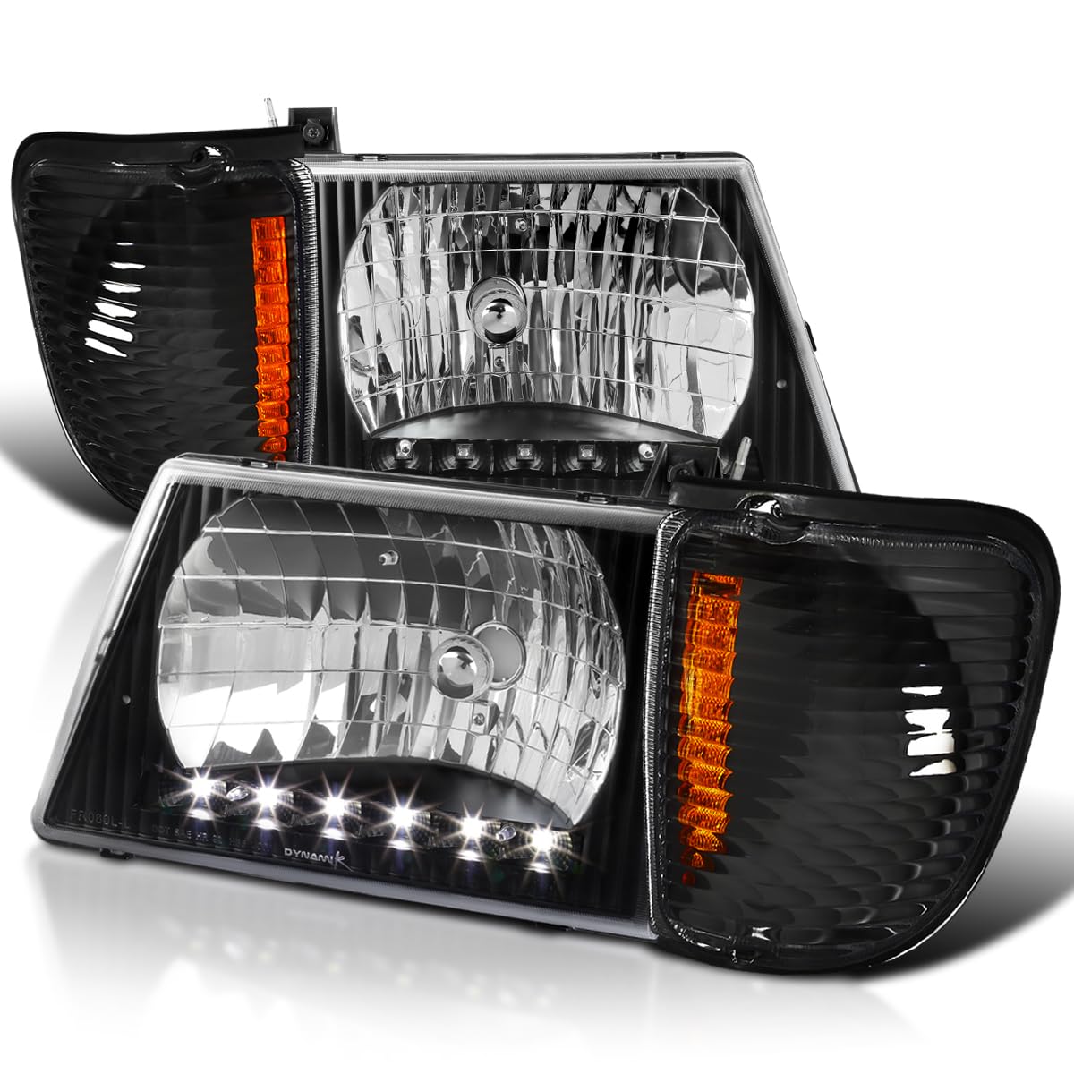 Black Housing SPEC-D TUNING Clear Lens LED Strip Headlights + Corner Lights Compatible with 1992-2006 Ford E150 E250 E350 E450 E550 Econoline Van L+R Pair Head Light Lamp Assembly
